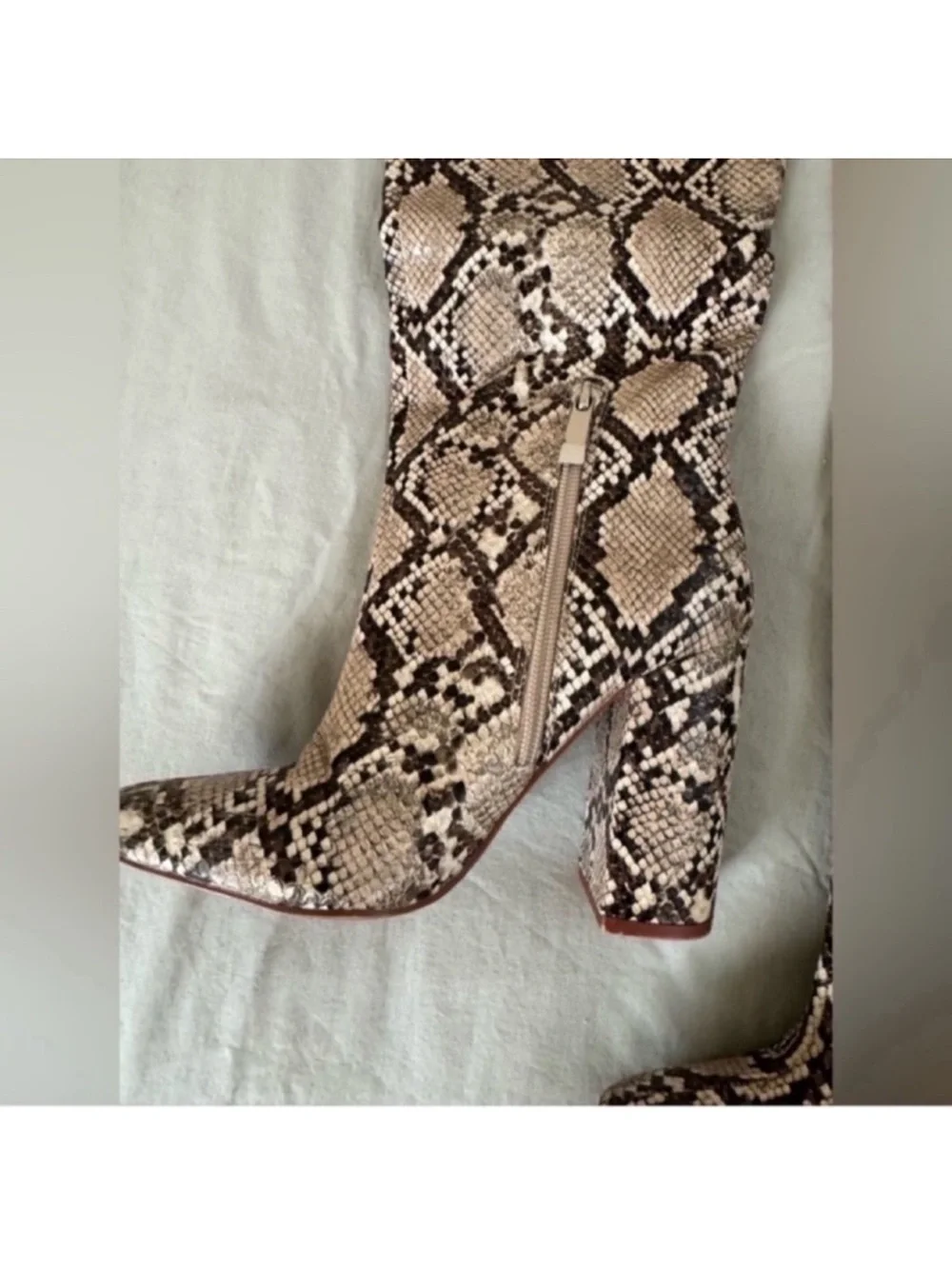 Zara Snake-Print Over-the-Knee Boots - Beige and Black